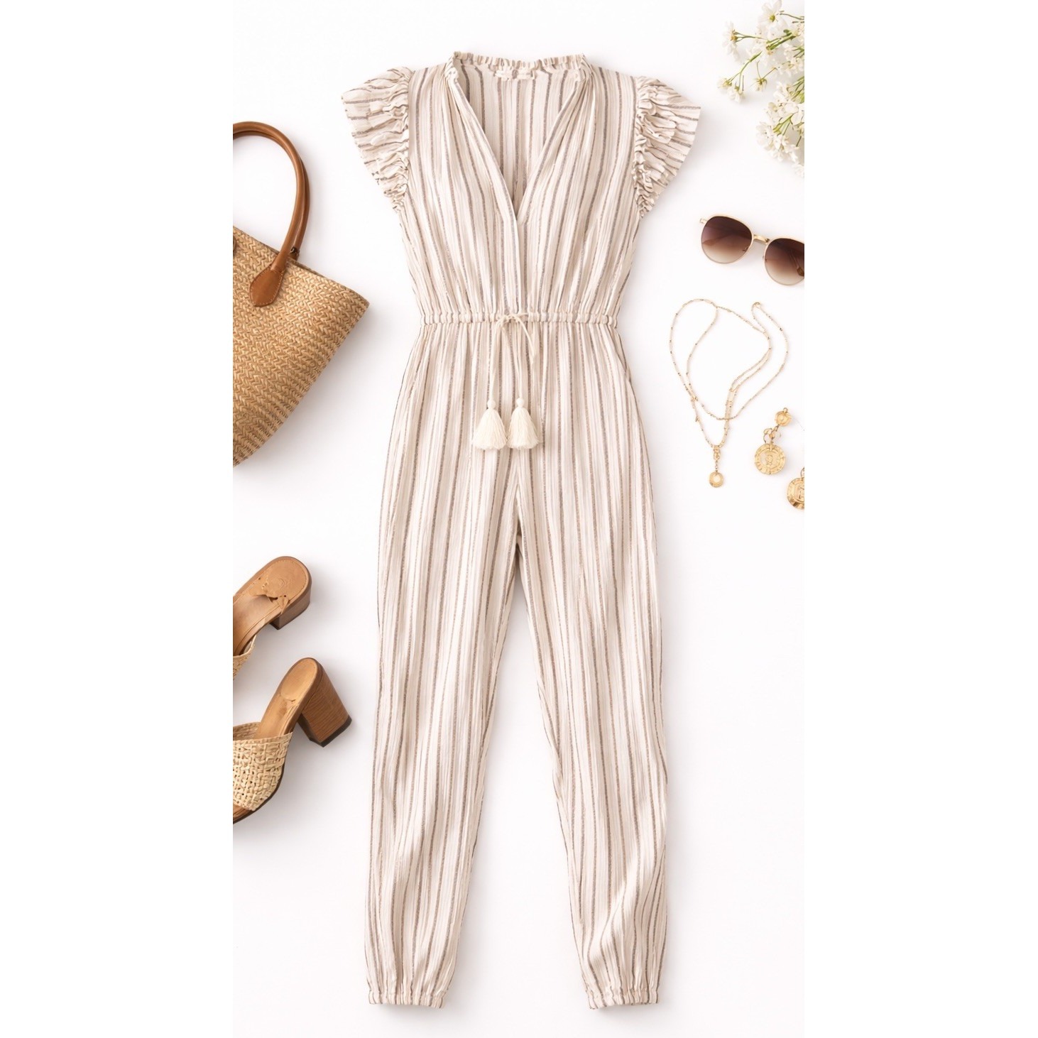 Ulla Johnson Striped Jumpsuit Tassel Tie Waist Cotton Resort Wear Quiet Luxury 2